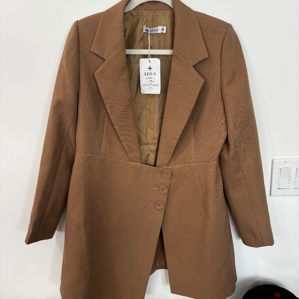 NWT Leila Camel Blazer Dress • M • Asymmetric Button Front + Front Vent